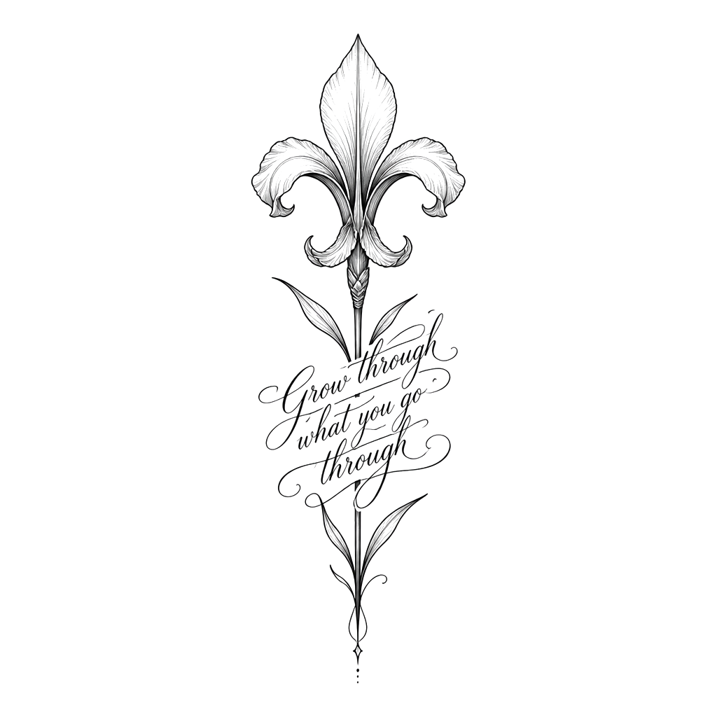 Fleur de lys (la vrai fleur - style taoutage dos nus ) avec la tige assez longue + citation en anglais