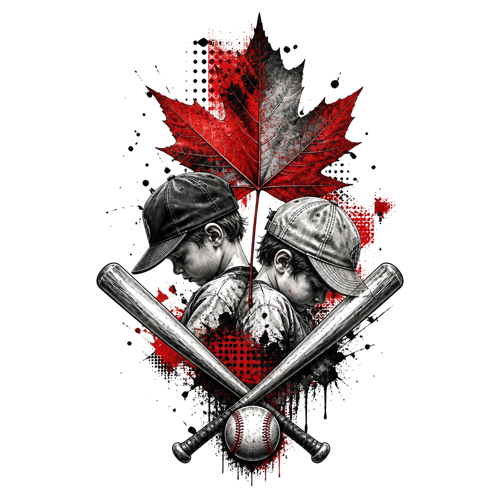 Two boys in baseball caps beneath a September leaf, crossed bats framing “Gardner,” with a small baseball resting at the base.