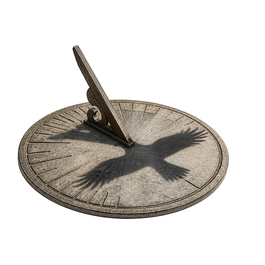 A sundial casting a shadow shaped like a bird