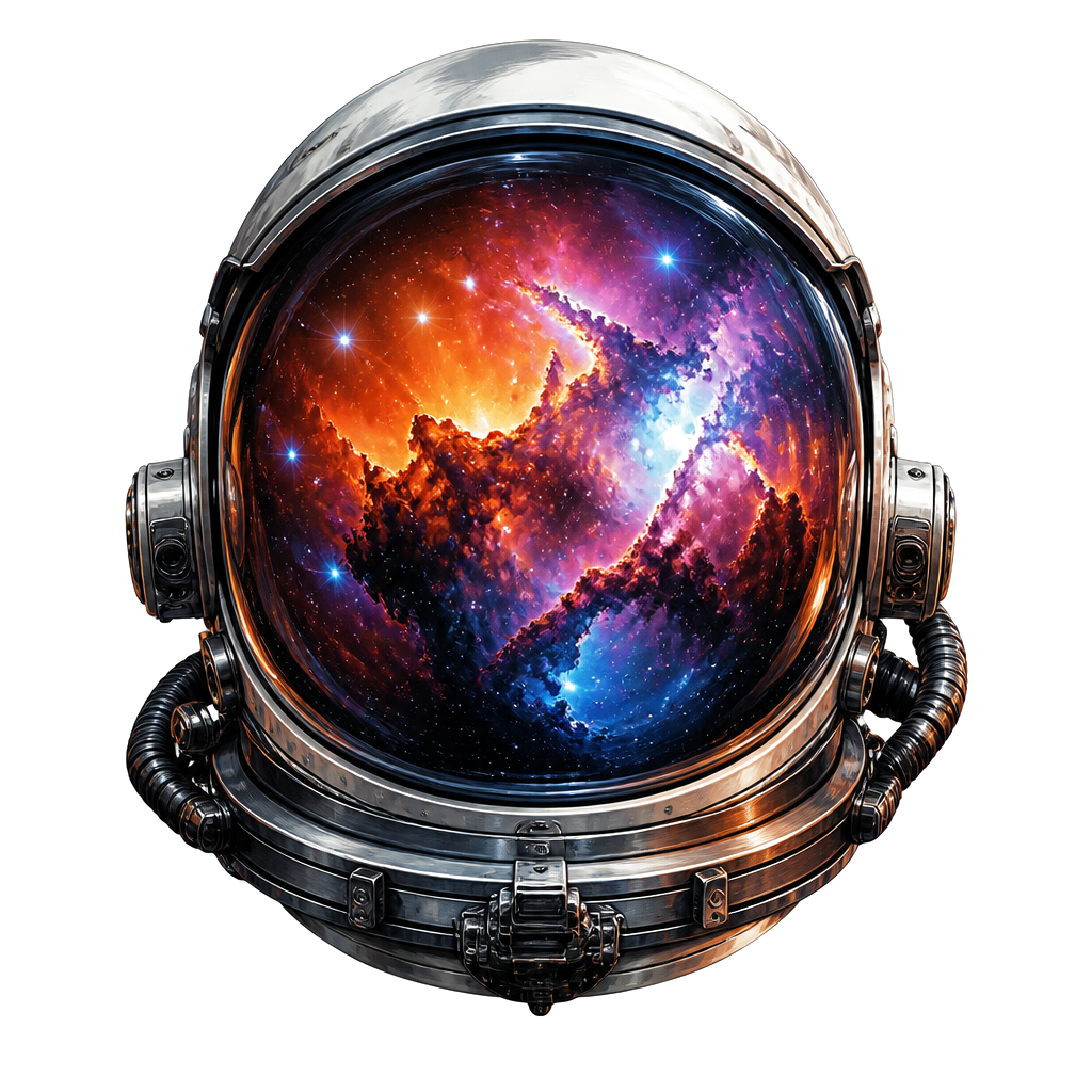 An astronaut helmet reflecting a nebula