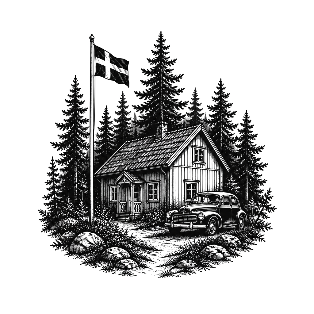 A forest with a house thats typical from swedens Wood and a old car next to the house and a flagpole with swedish flag
