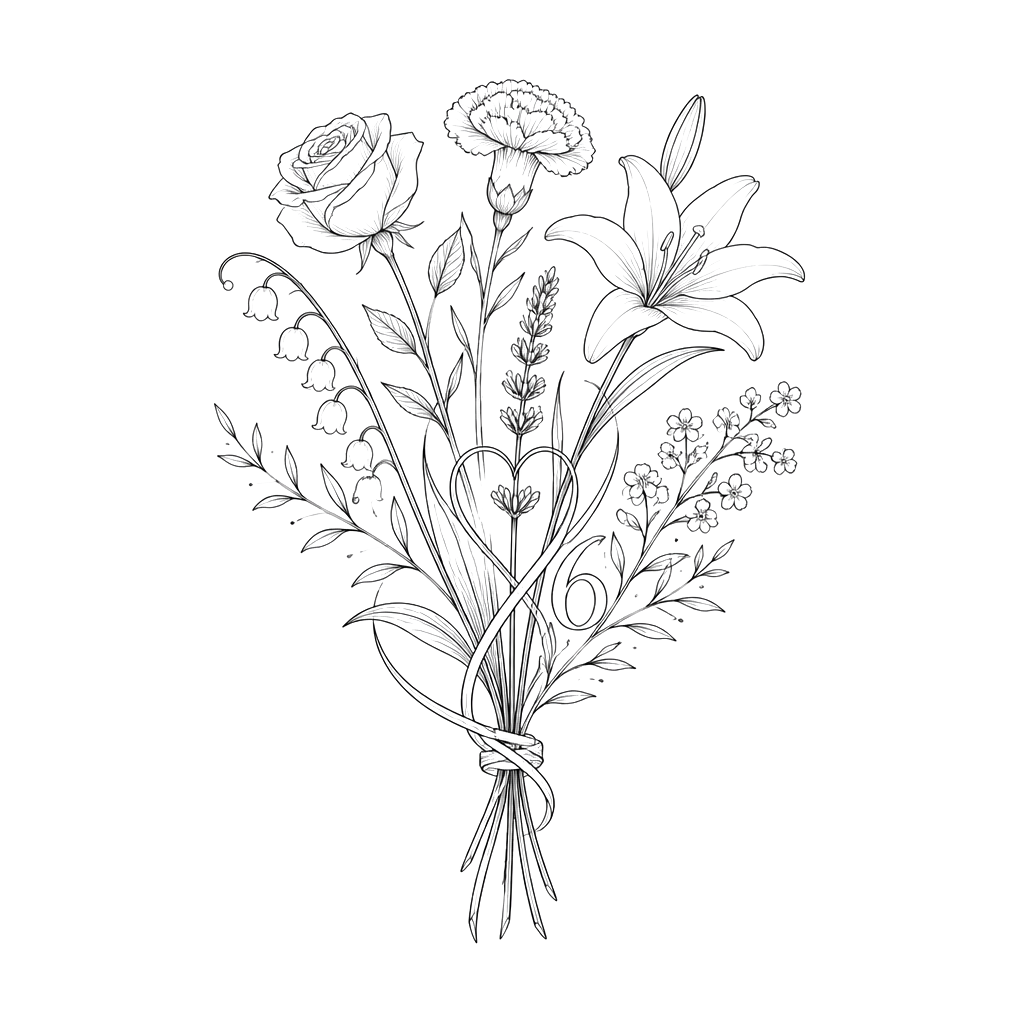 Memorial bouquet featuring six meaningful stems, subtly woven “Kody,” his dates, and a small numeral 6 among the leaves.