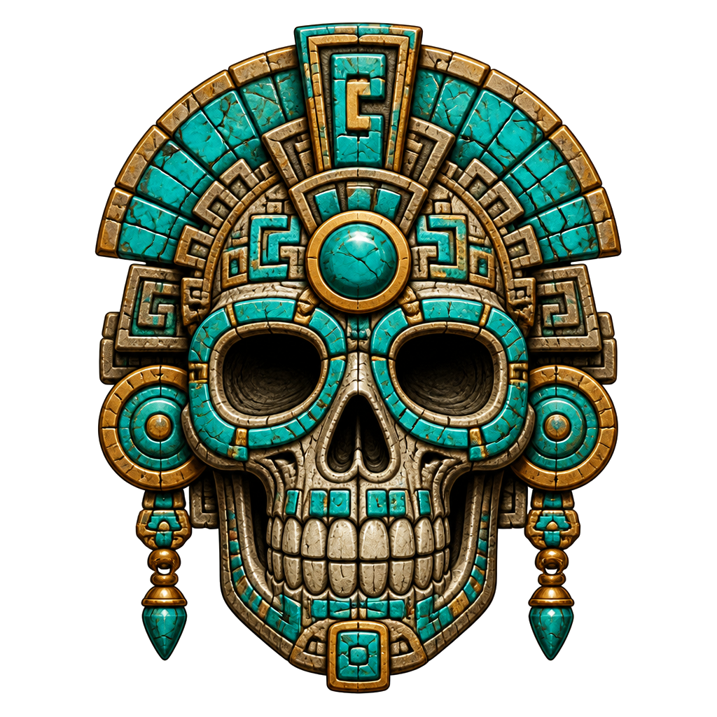 A stone skull mask inlaid with turquoise