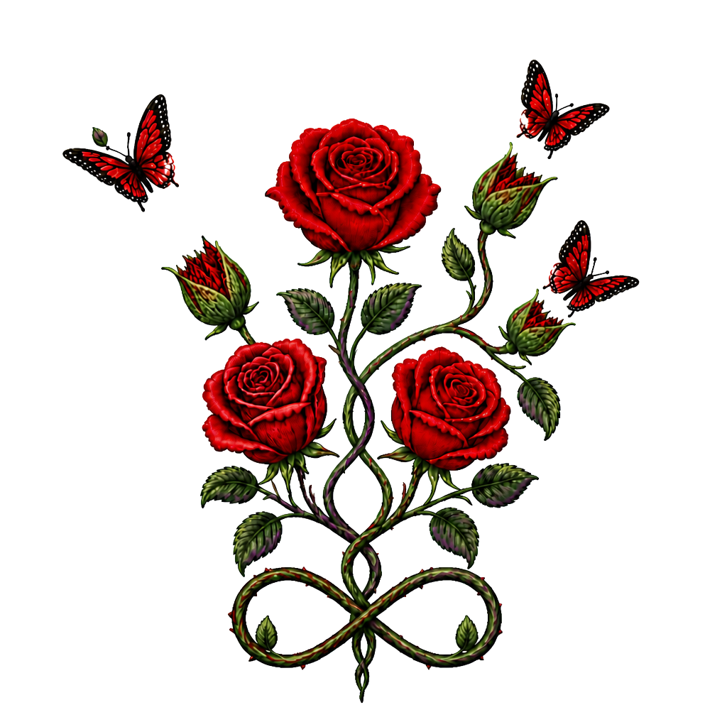 1 rote Rose, 1 geschlossene Rose wo ein Schmetterling entsteht,2 geschlossene Rosen an einen Strang wo aus den geschlossenen Rosen Schmetterlinge entstehen, 1 lila Rose und 1 rote Rose. Alles zusammen mit den Namen Fabian und Dèsirèe verbunden