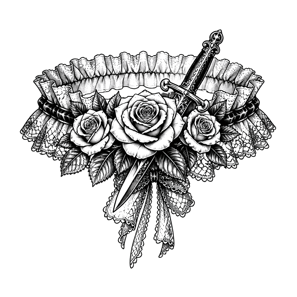 A garter of roses and lace with a small dagger tucked in
