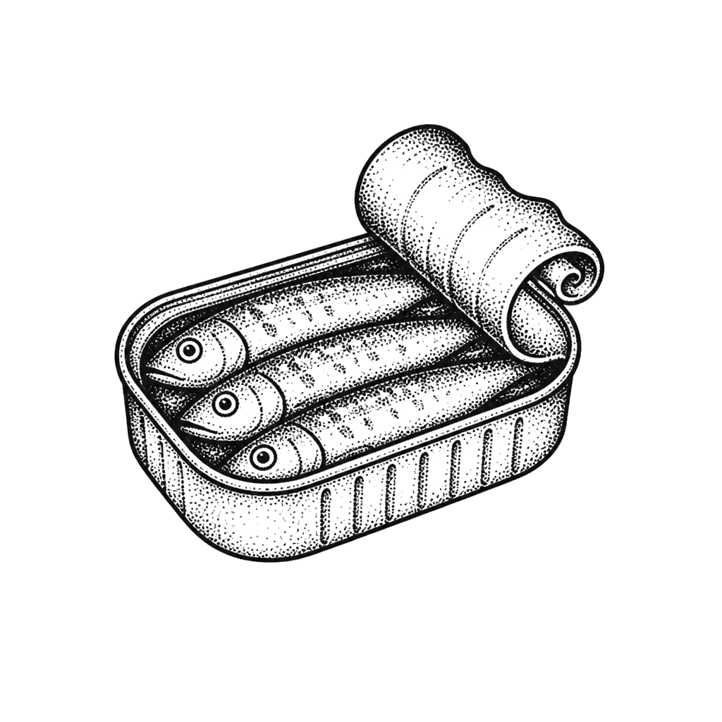 A poked sardine tin with the lid curled open