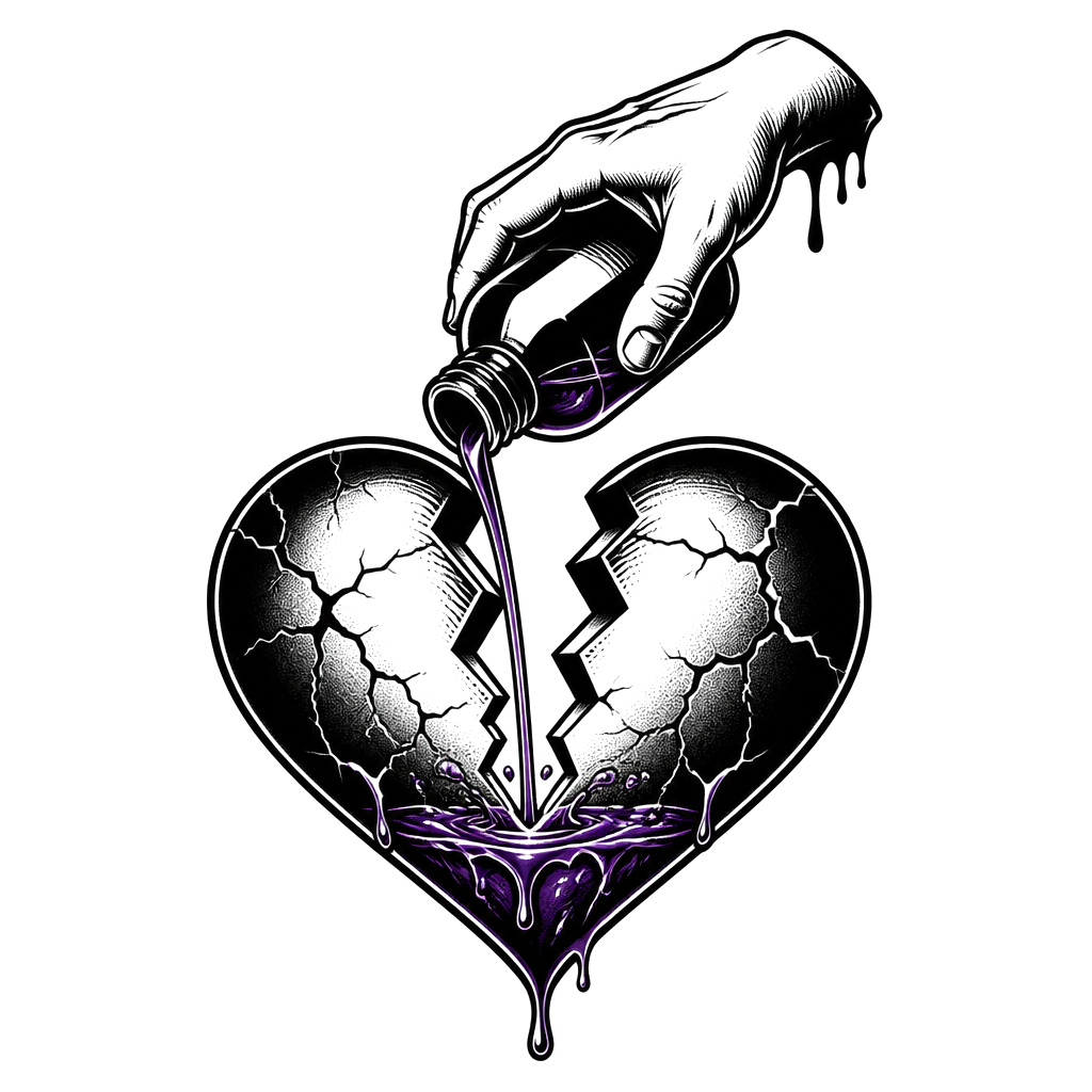 I want big and bold Nolove with a broke heart and a hand pouring Lean inside my heart