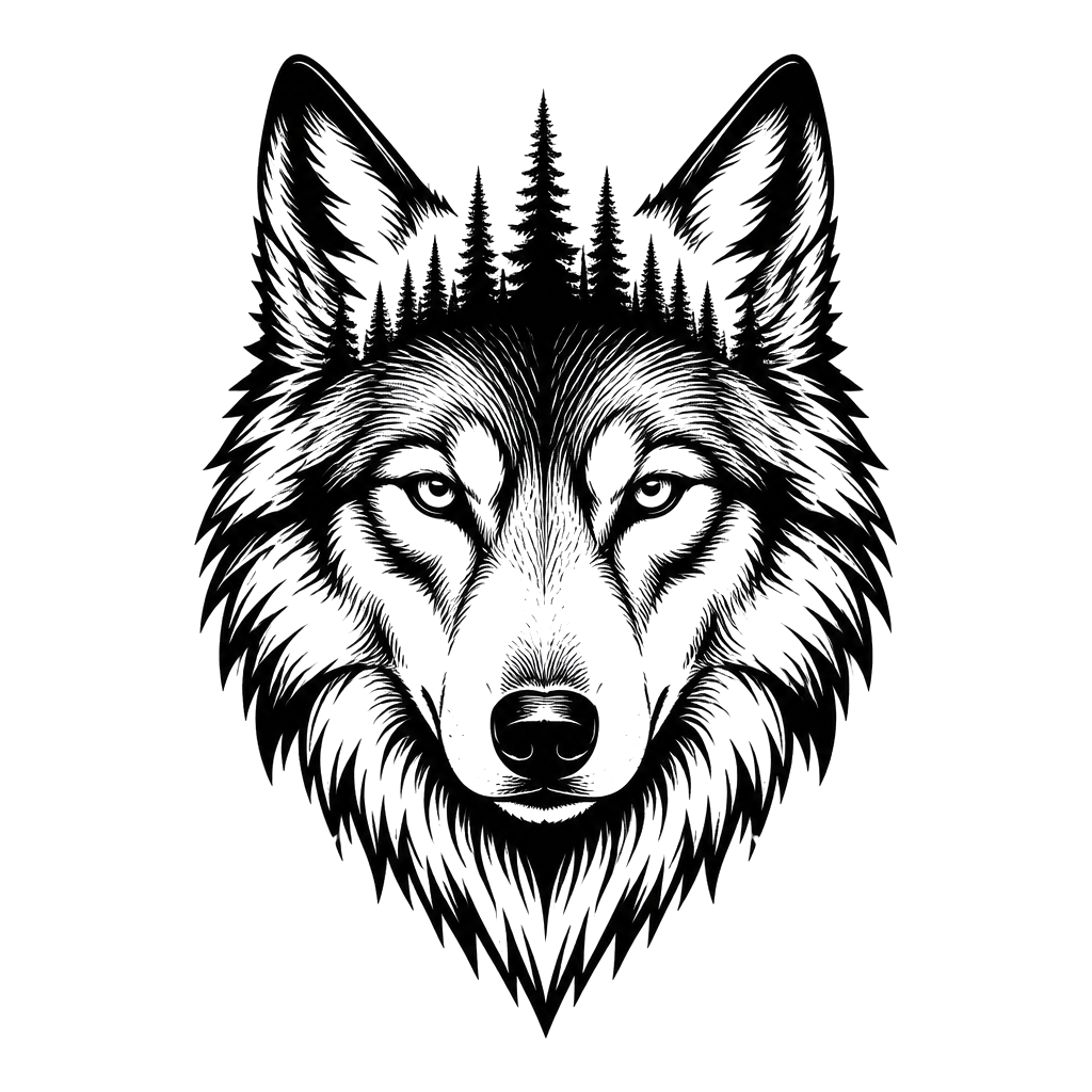 A wolf head with a ridge of pine trees along its brow
