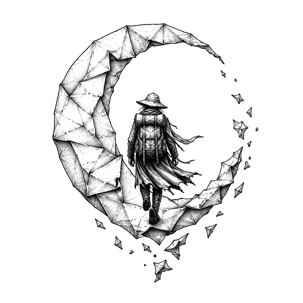 A wanderer stepping into a paper moon