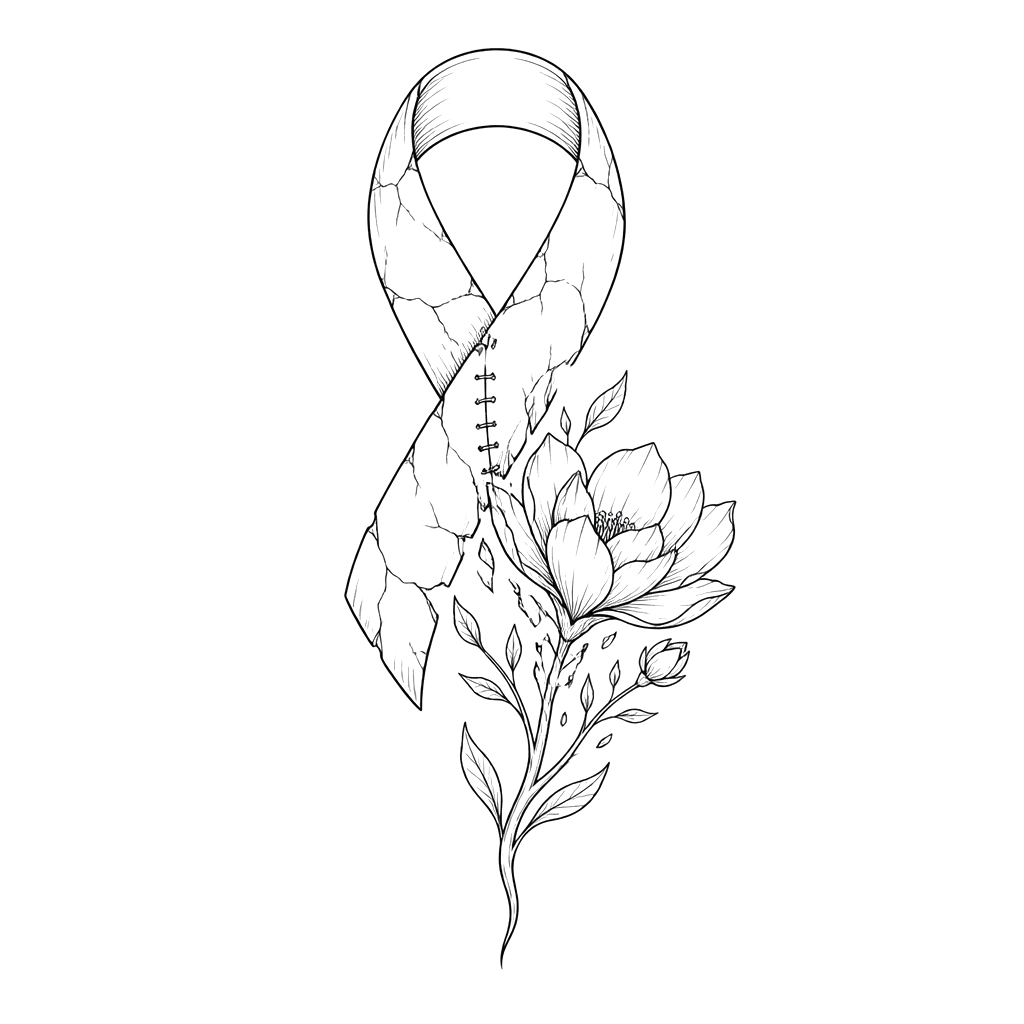 A cracked breast cancer ribbon transforming into a resilient blooming flower, with small healed stitch marks along its center.