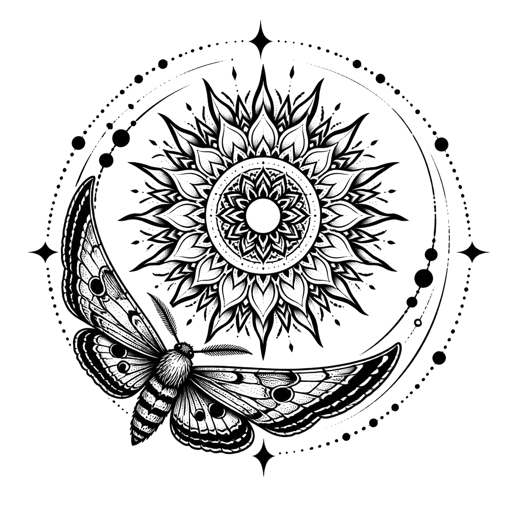 A moth circling a mandala sun