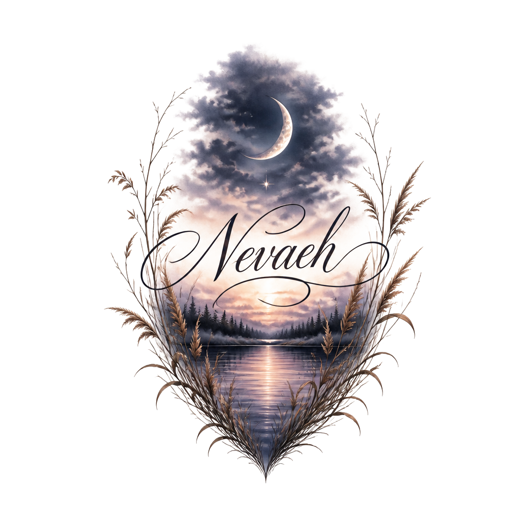 A small twilight landscape vignette: deep still water, bare autumn reeds, a crescent moon emerging through clouds, and a single hidden star beneath delicate lettering, “Nevaeh”.