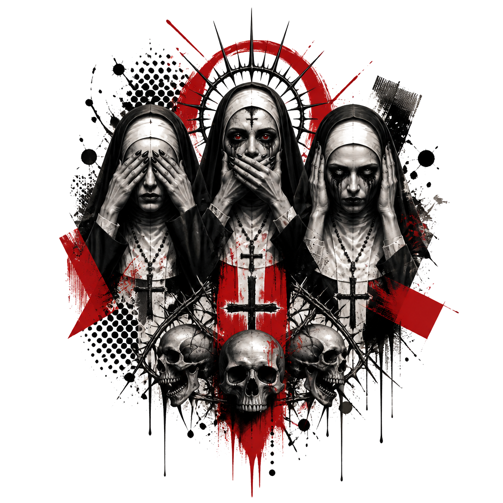 “See no evil speak no evil hear no evil” with three evil nuns and extras