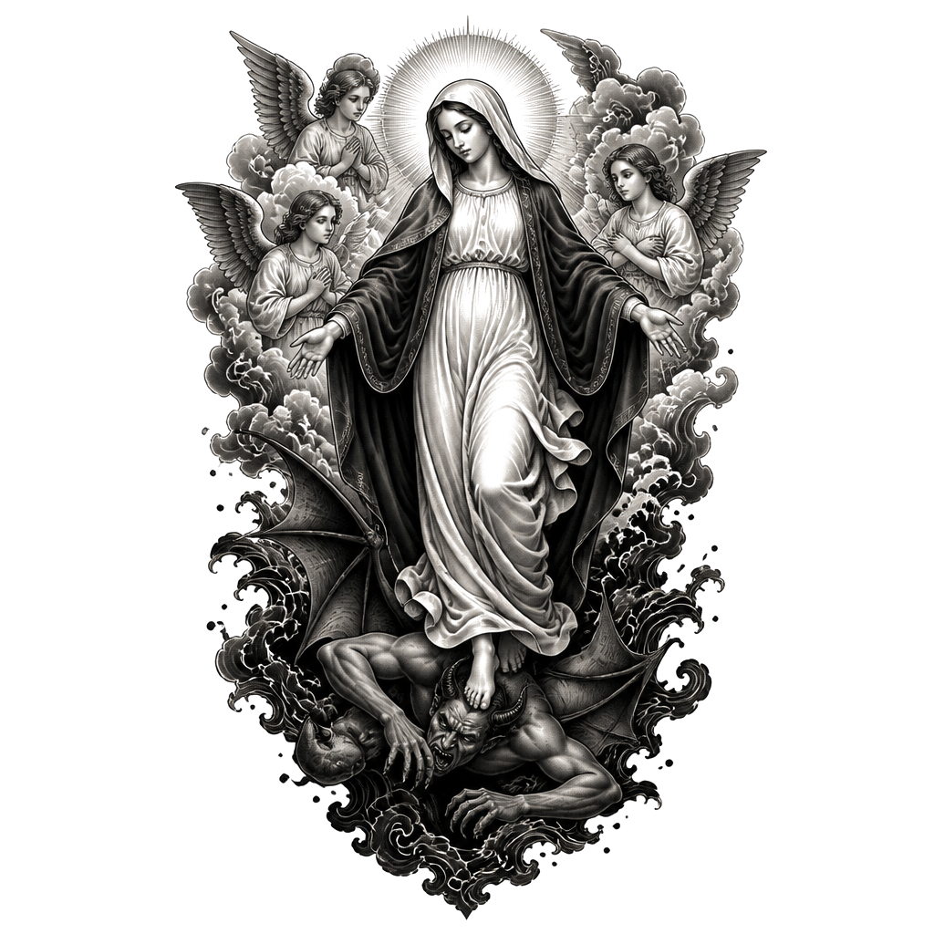 Real Bible picture of the Virgin Mary. Standing on b the devil. With angels watching over her