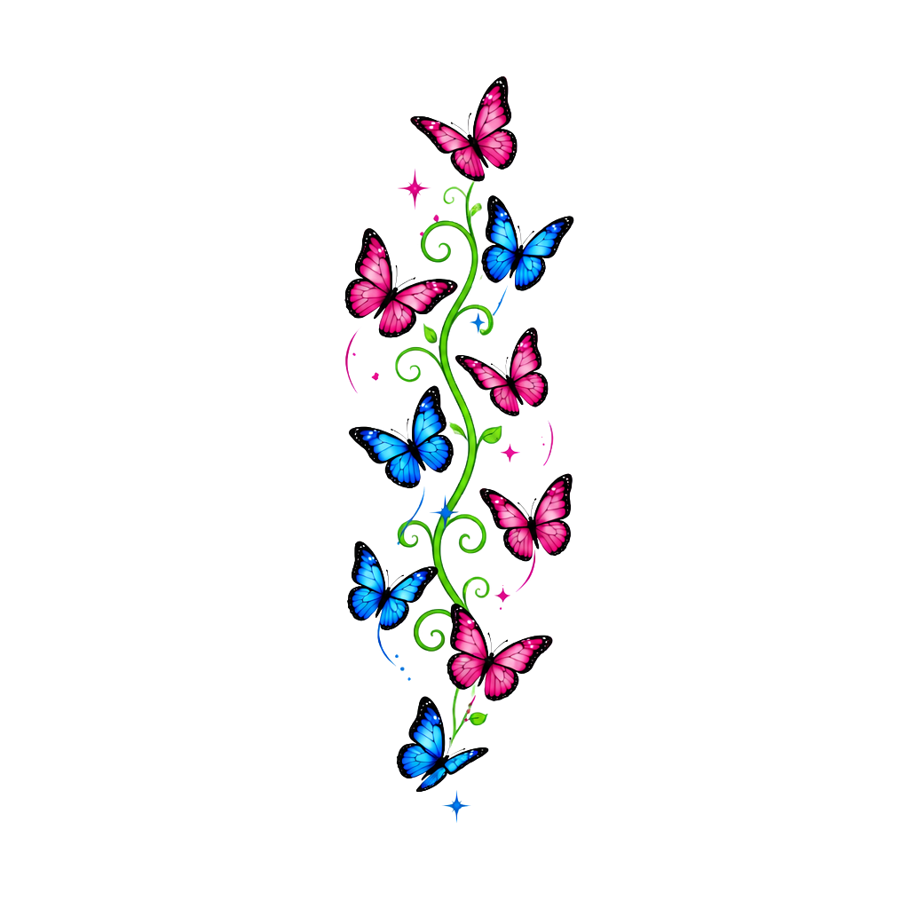 Draw me a tattoo with nine small butterflies, and five of them being pink and four of them being blue. These will need to go small because they are going on a females upper arm.