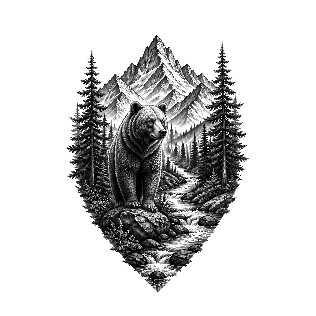 An animal in a forest with mountains and a river maybe?