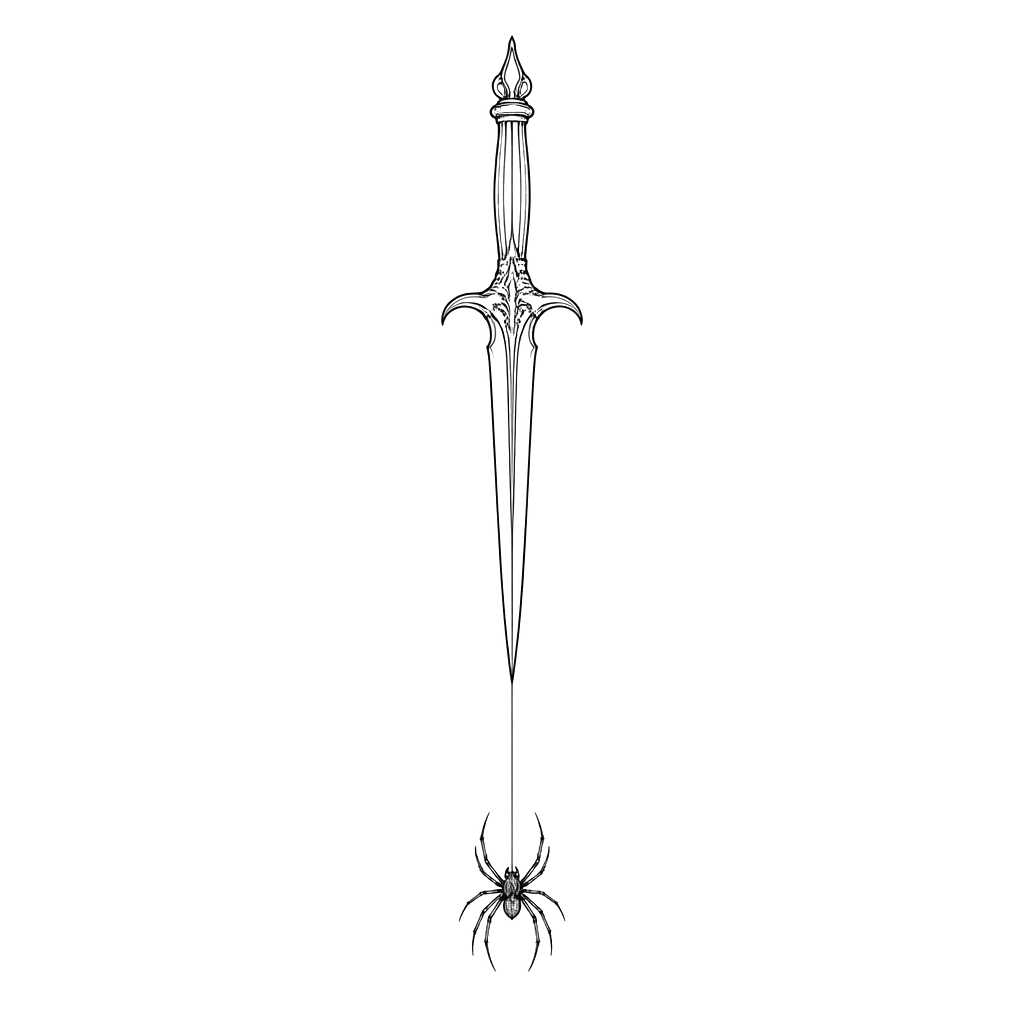 A spider lowering itself from the tip of a slender dagger