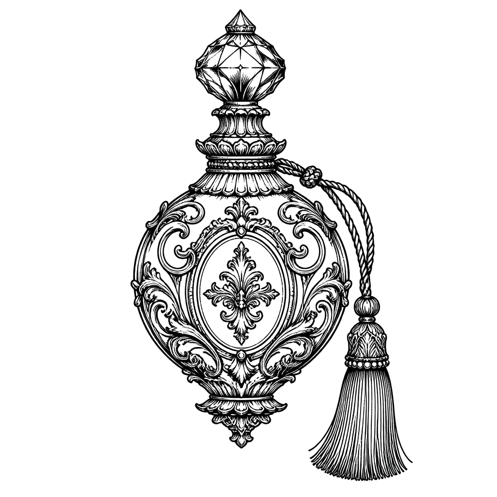 An ornate perfume bottle hung with a tassel