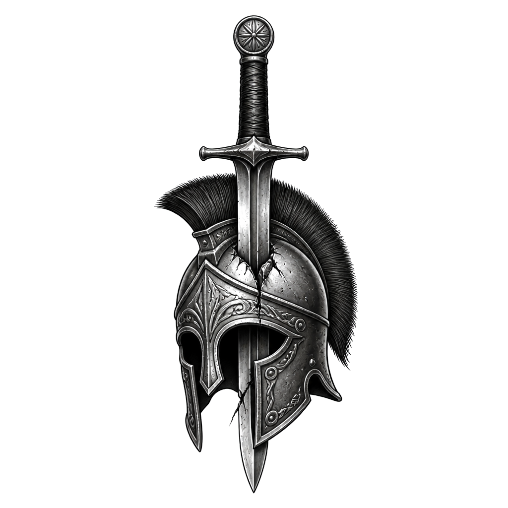A sword going through a Illyrian helmet