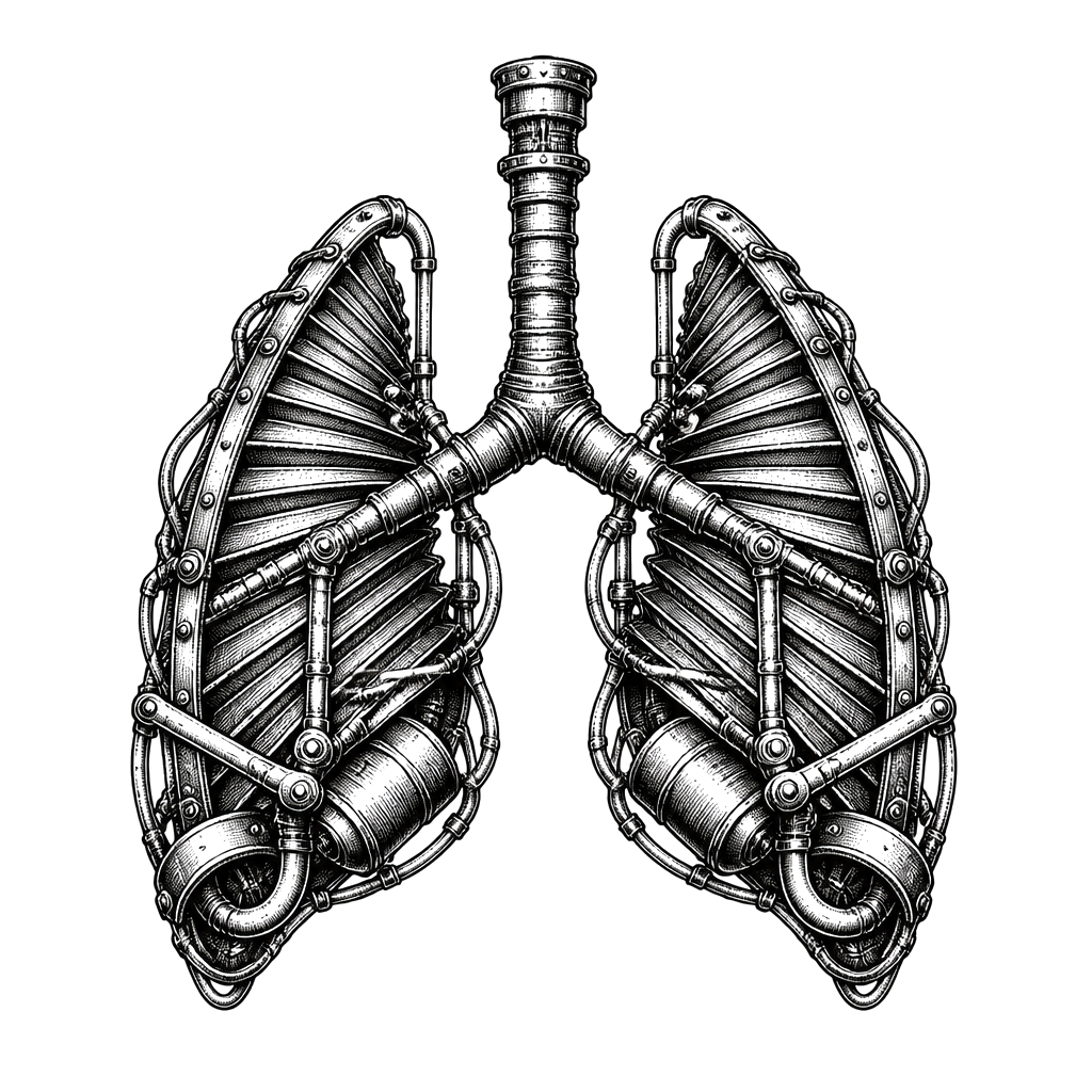 A lung rebuilt from bellows and brass pipes