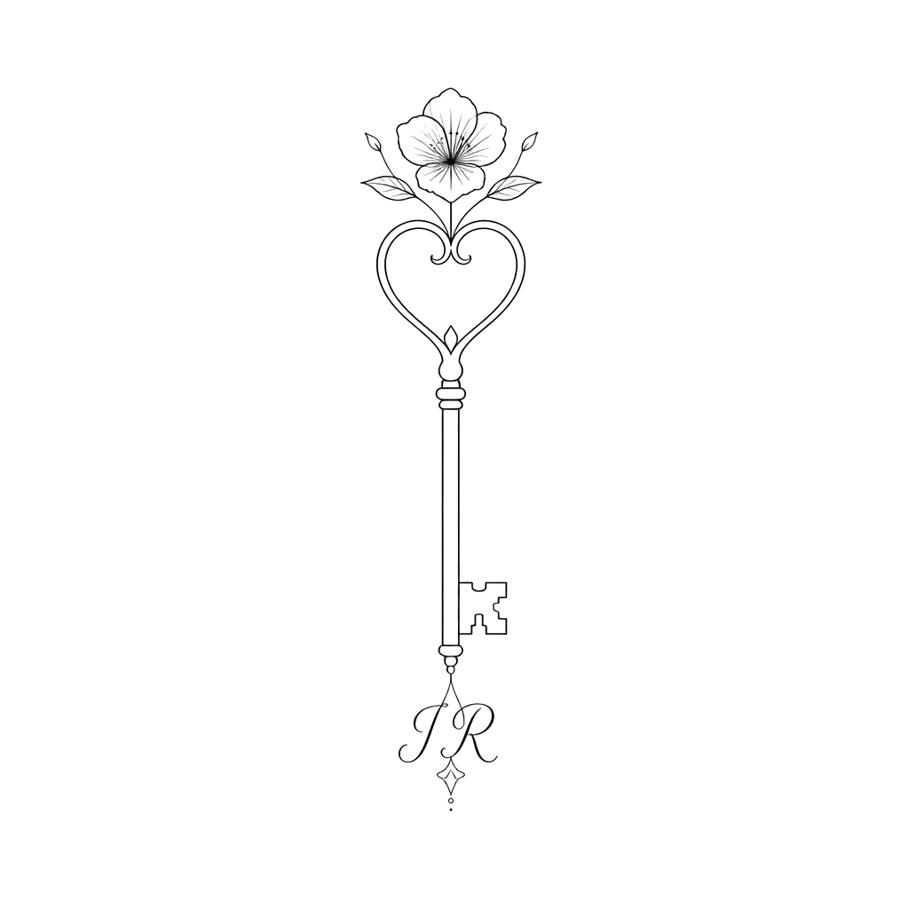 Create a key in a minimalist. Add a flower to the top, and the letters “J R” to the bottom. The top of the key should be shaped like a heart.