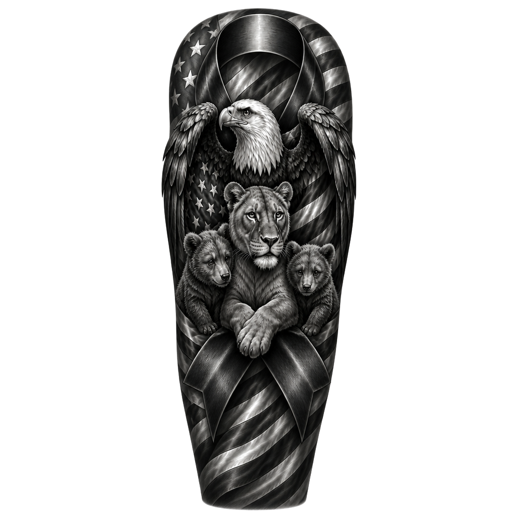 A black shaded cancer ribbon with an American flag a bald eagle, a lion ass and two grizzly Cubs under the protection of the bald eagle