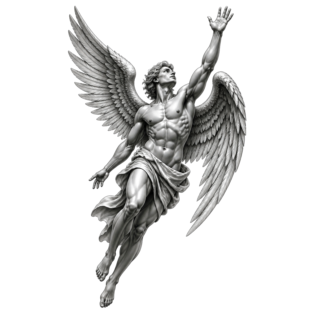 Un ange musclé détendu mais qui semble bondir vers le ciel avec le bras tendu vers le haut la paume de main ouverte. Il regarde dans la même direction que son bras tendu. Son corps et ses jambes ne sont pas complètement droites. Il a des ailes