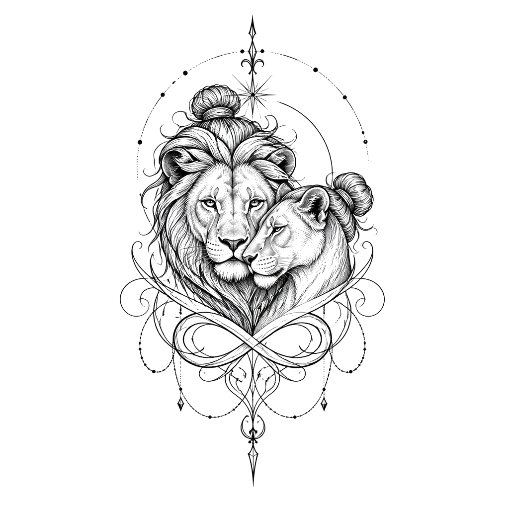 Like ride or die with names Reni & Nathan incorporated. No roses the now in hair. With lion and lioness