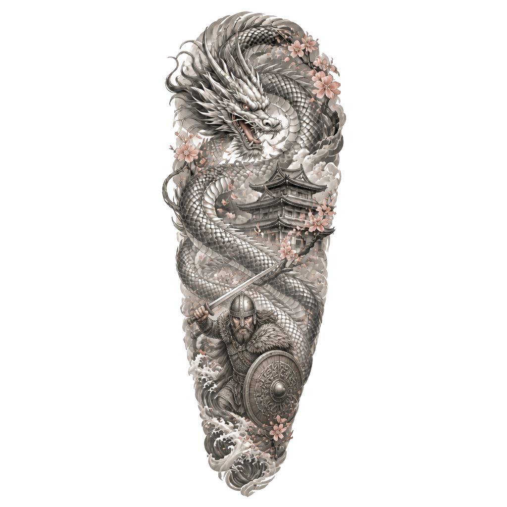 A sleeve tattoo for a man. A Japanese dragon, a warrior, a Japanese building, and some cherry blossoms with a little bit of colour