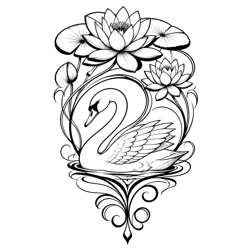 A swan gliding beneath stylized water lilies