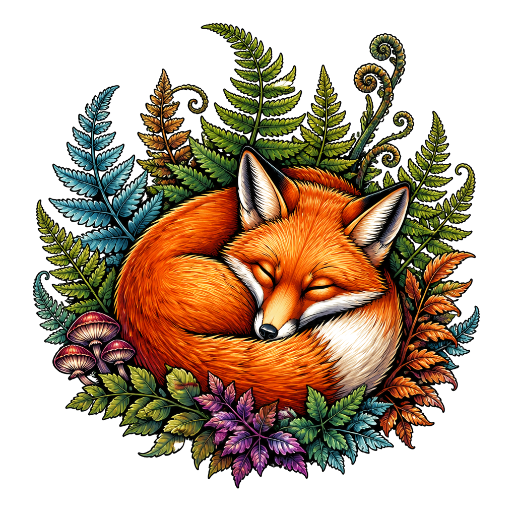 A fox curled asleep among storybook ferns