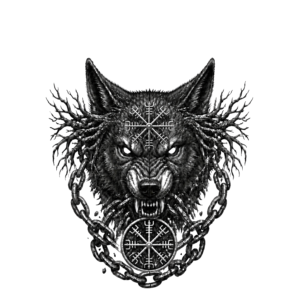 Fenrir’s snarling head centered on the forehead, Yggdrasil roots spreading toward the temples, broken chains flowing from its jaws and wrapping around the neck.