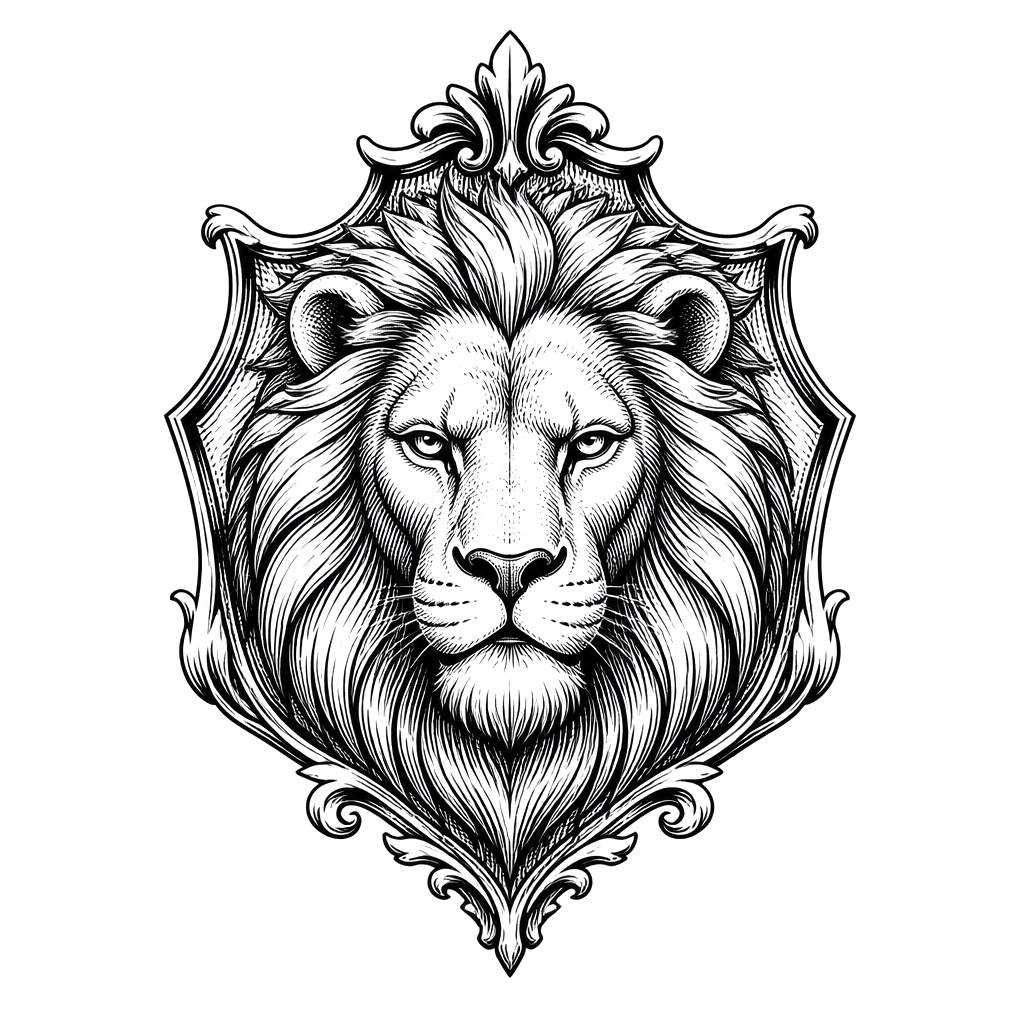 A lion crest with a hatched mane
