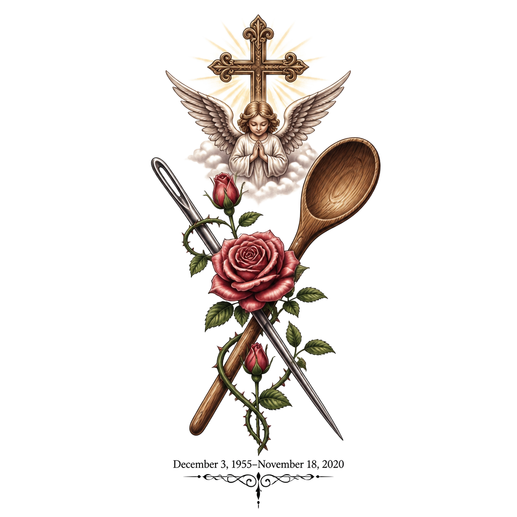 A rose-wrapped sewing needle crossing a wooden spoon, beneath a small angel and Catholic cross; “Letty” with December 3, 1955–November 18, 2020.