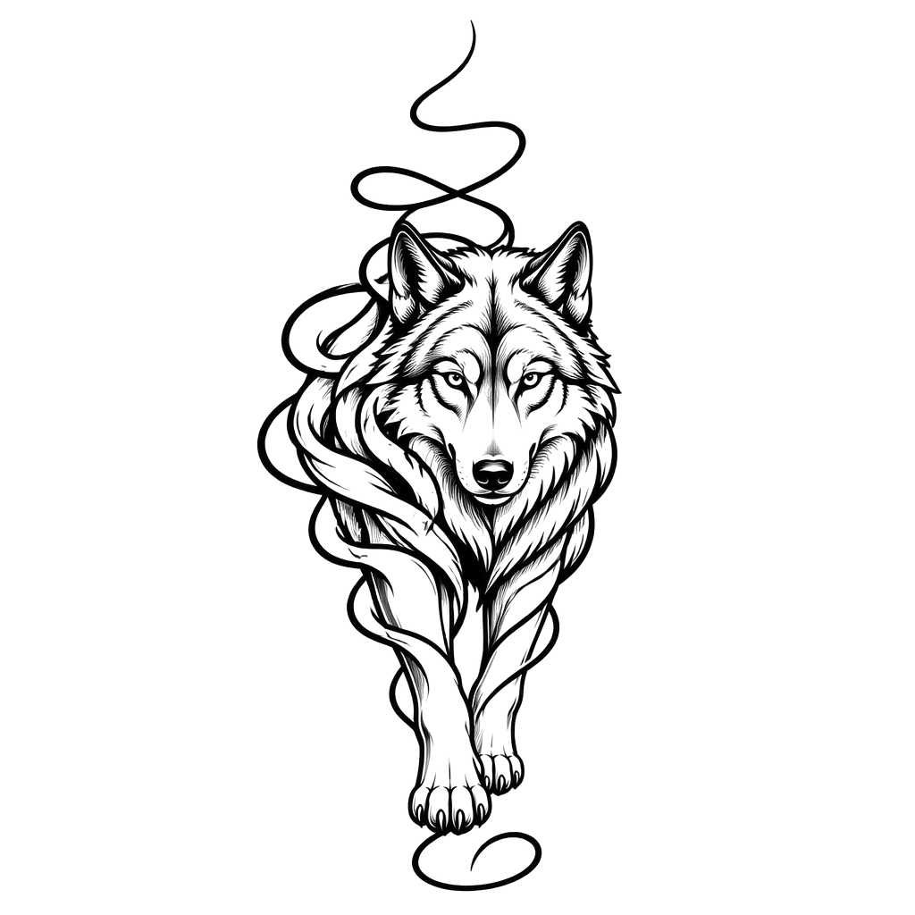 One continuous line unraveling into a wolf