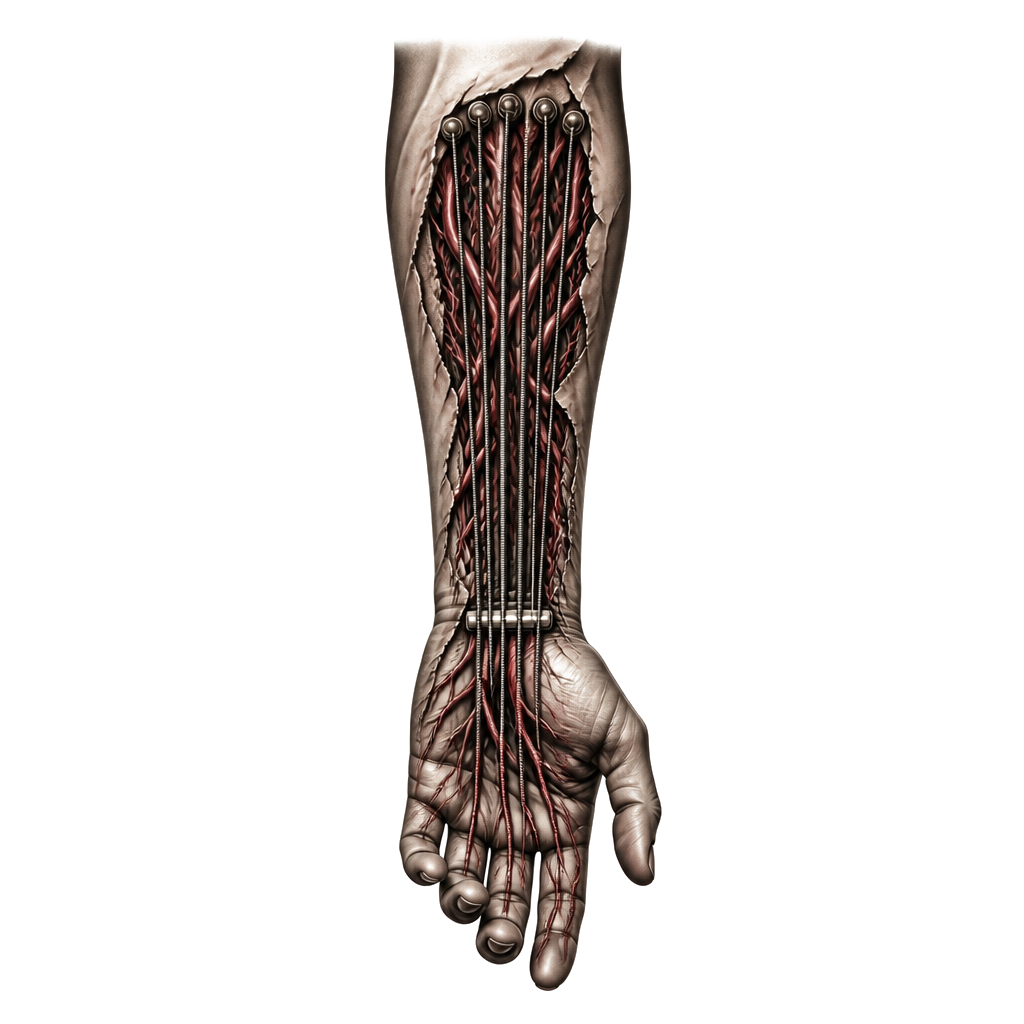 Guitar strings for veins and blood forearm