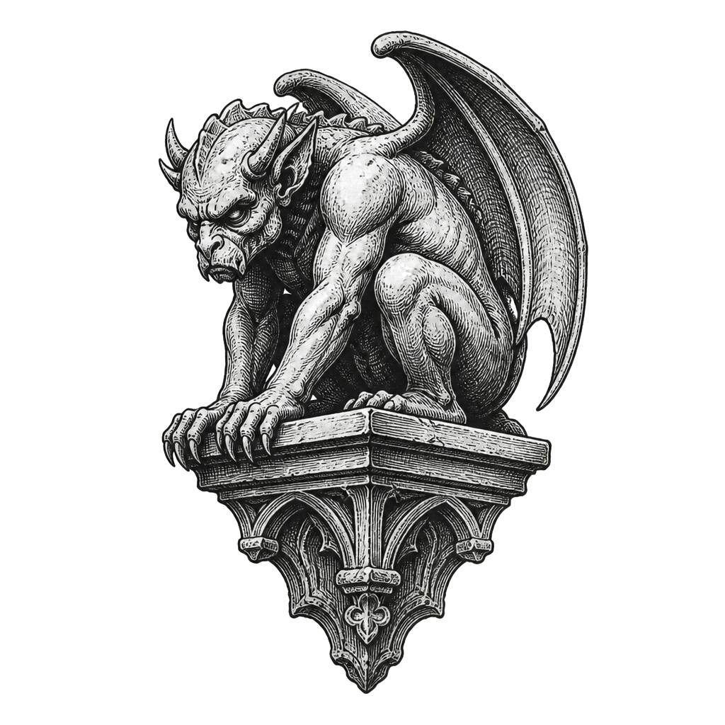 A gargoyle hunched on a cathedral ledge