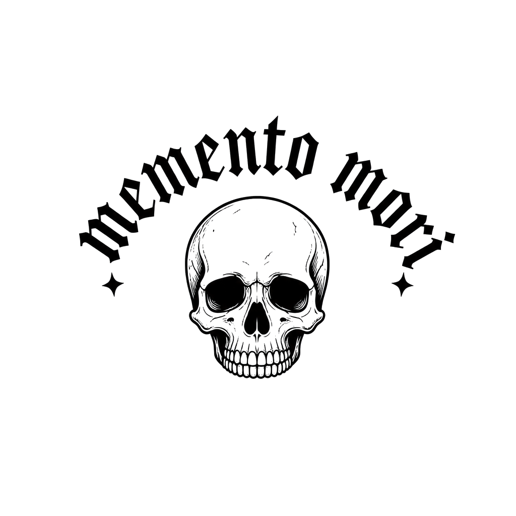 The words "memento mori" arched over a small skull