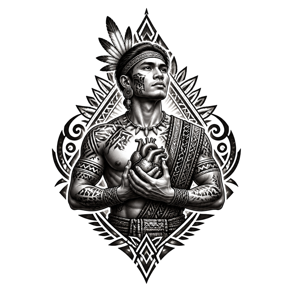 A proud Visayan tribal warrior, centered in Philippine tribal patterns, holding a heart close to the chest to unite strength and love.