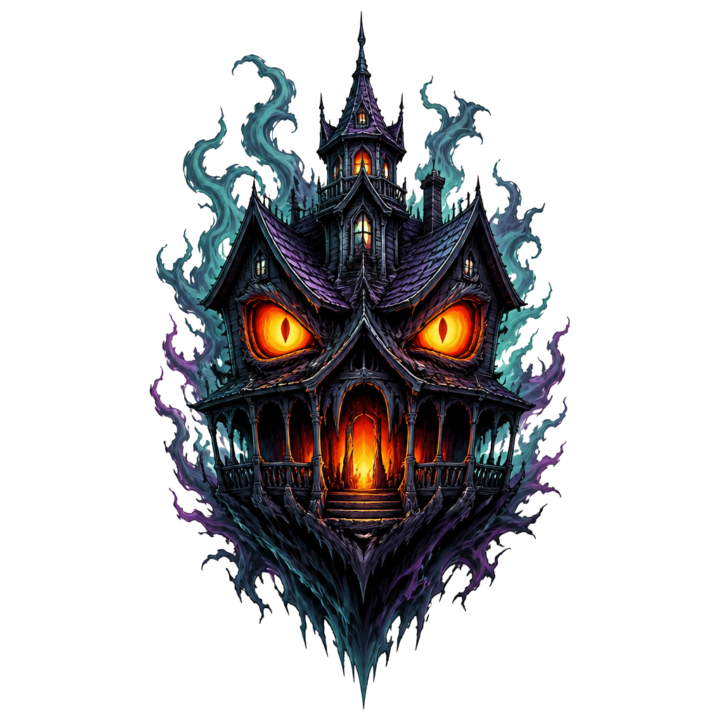 A haunted house with glowing window eyes