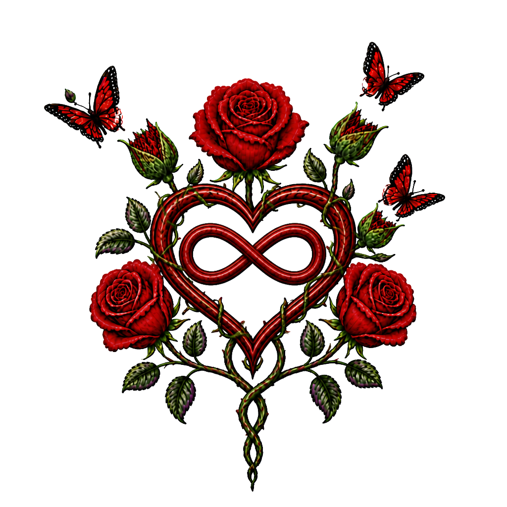 1 rote Rose, 1 geschlossene Rose wo ein Schmetterling entsteht,2 geschlossene Rosen an einen Strang wo aus den geschlossenen Rosen Schmetterlinge entstehen, 1 lila Rose und 1 rote Rose. Alles zusammen mit den Namen Fabian und Dèsirèe verbunden