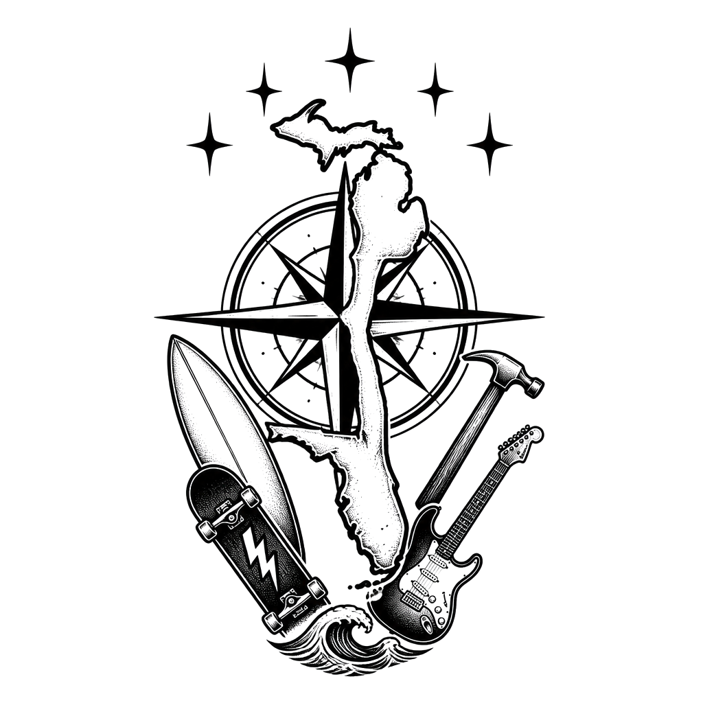 A compass from Michigan to Southwest Florida, sheltered by four small stars for mother and siblings, with surfboard, skateboard, hammer, punk lightning bolt, and a coastal guitar.