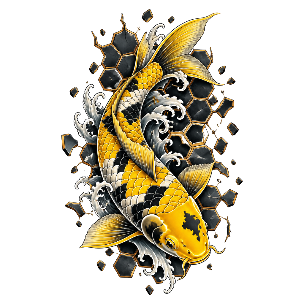 A koi curving through a shattered hexagonal grid