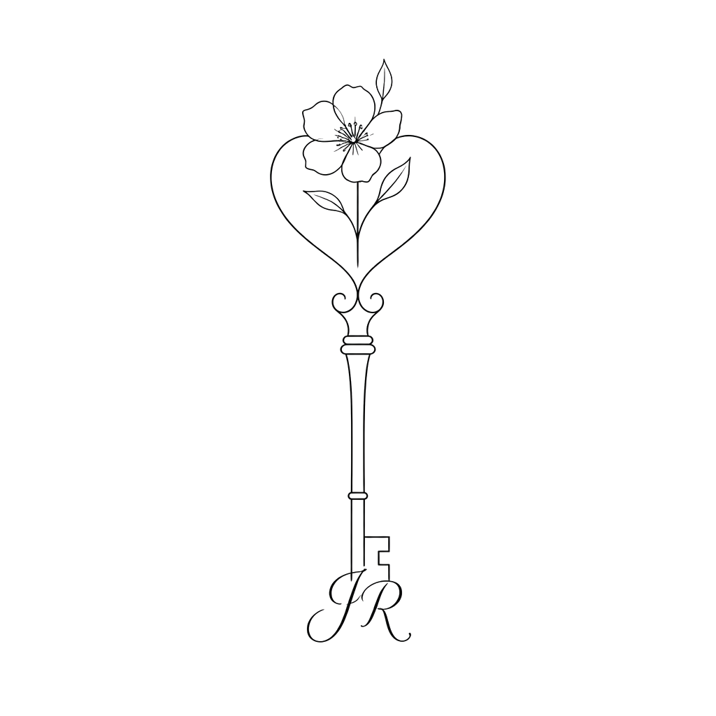 Create a key in a minimalist, single-line style. Add a flower to the top, and the letters “J R” to the bottom. The top of the key should be shaped like a heart.