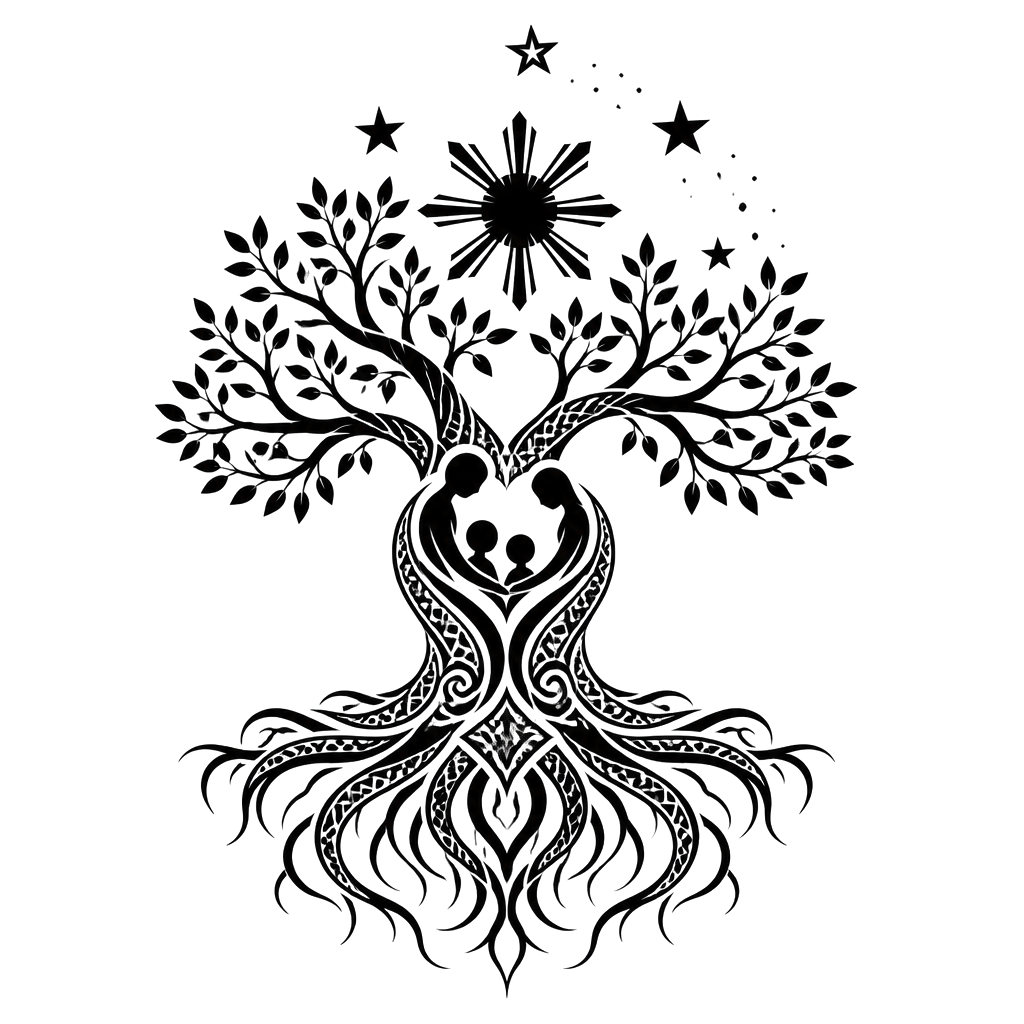 A strong family tree crowned by the Philippine star and Southern Cross, its roots interwoven with tribal patterns and a heart-shaped embrace.