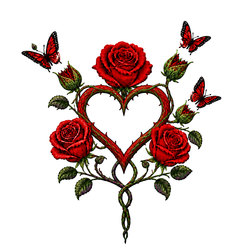 1 rote Rose, 1 geschlossene Rose wo ein Schmetterling entsteht,2 geschlossene Rosen an einen Strang wo aus den geschlossenen Rosen Schmetterlinge entstehen, 1 lila Rose und 1 rote Rose. Alles zusammen mit den Namen Fabian und Dèsirèe verbunden