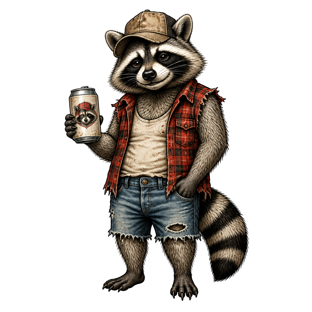 A raccoon dressed as a redneck holding a beer can. The beer can says trash panda drew