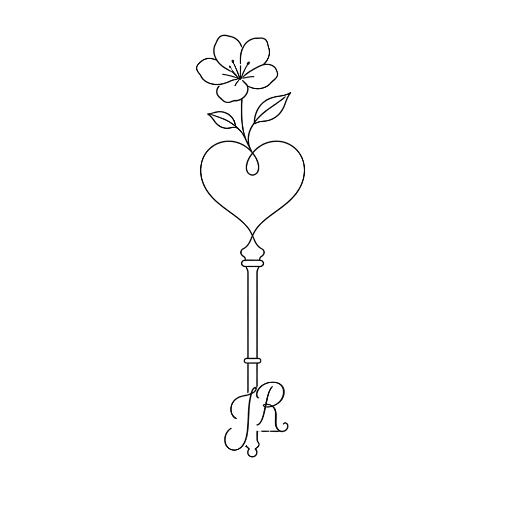 Create a key in a minimalist, single-line style. Add a flower to the top, and the letters “J R” to the bottom. The top of the key should be shaped like a heart.
