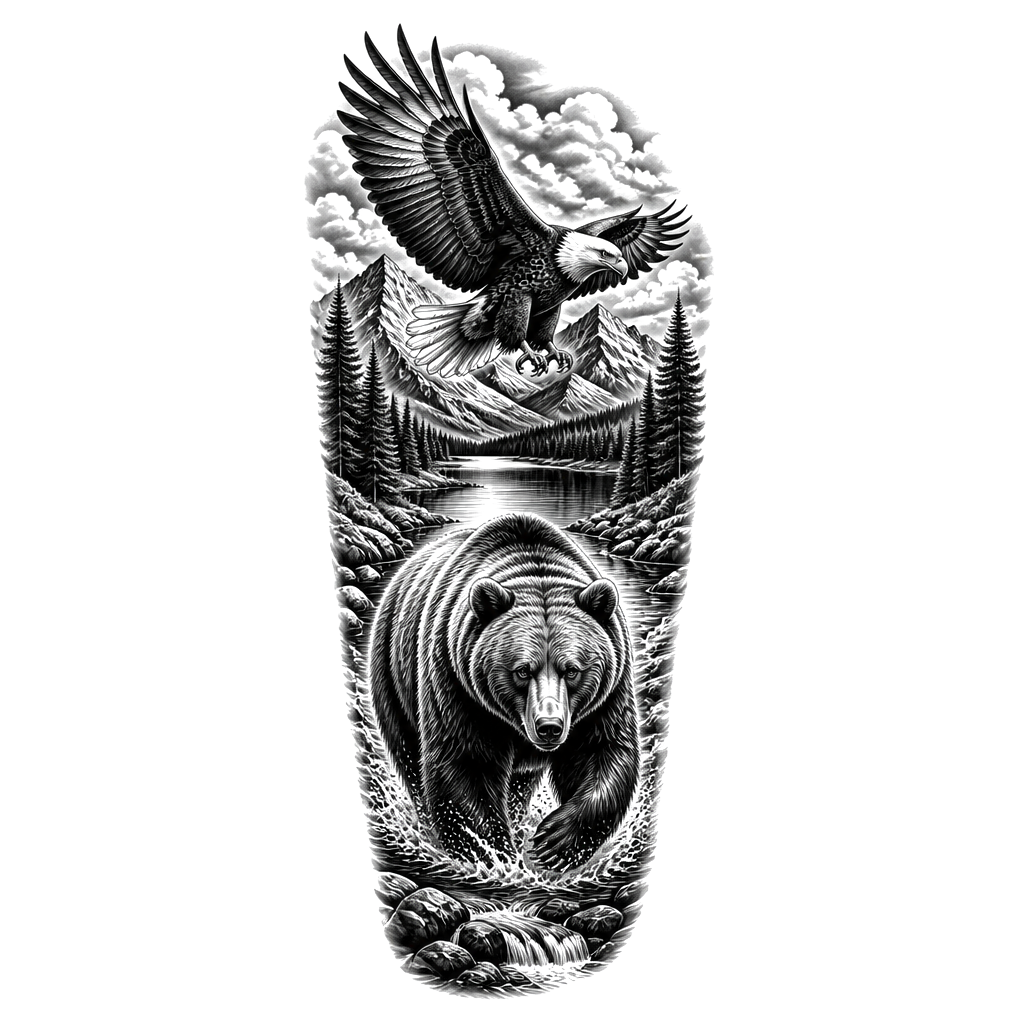 Bald eagle and Grizzly bear on an arm sleeve. With a lake