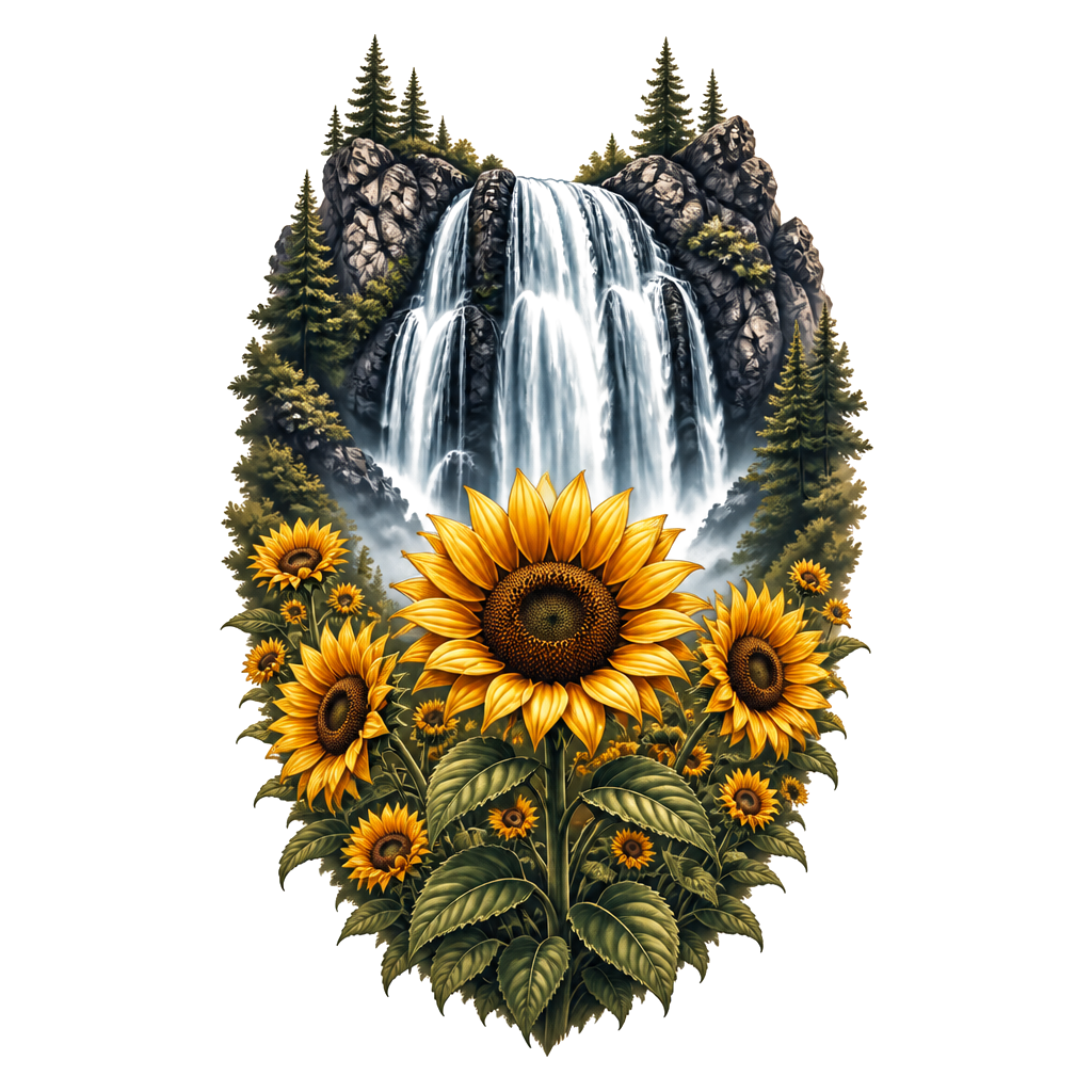 Waterfall behind a field of sunflowers